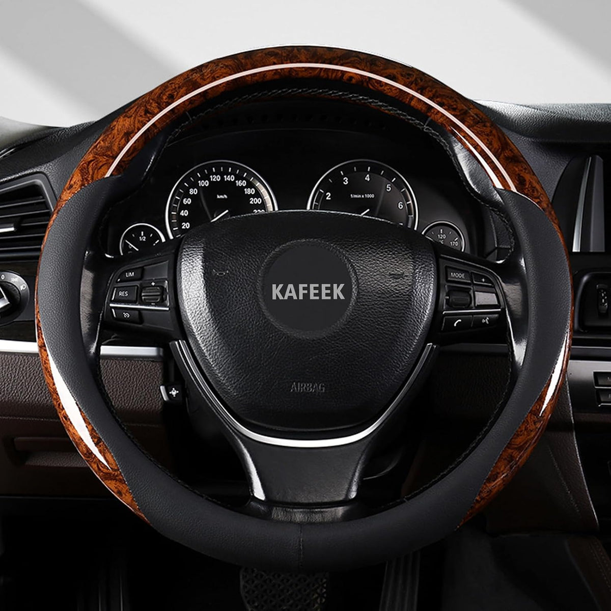 KAFEEK Wood Grain Steering Wheel Cover, 14 1/2-15 Inch, Brown