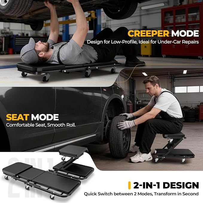 Auto Dynasty 40" Z-Creeper Seat, 2-in-1 Foldable Garage Creeper Shop Seat, 330 LBS Capacity Automotive Mechanic Repair Under Car Rolling Creeper Seat, Black