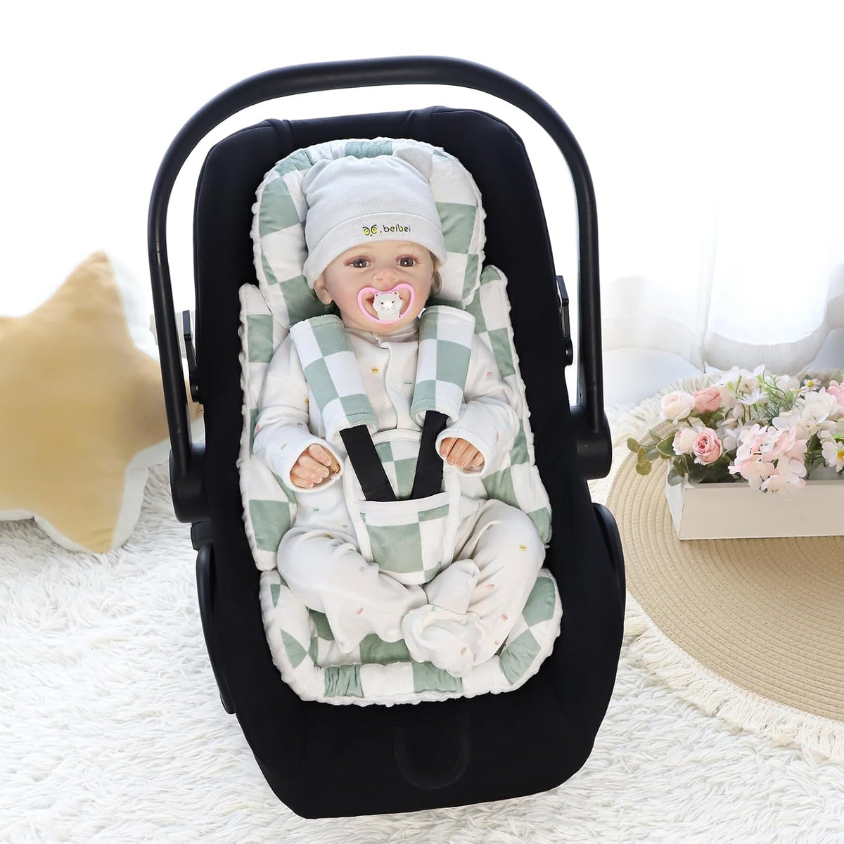 DILIMI Infant Car Seat Insert, Baby Car Seat Head Support with 3 Strap Paddings, Soft Newborn Car Seat Cushion for Stroller, Swing, Bouncers, Green Checkered
