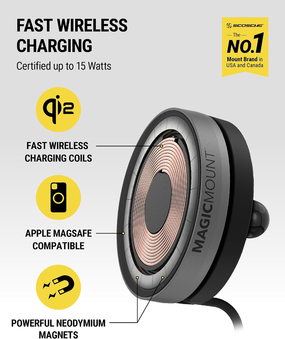 Scosche Qi2 Wireless MagSafe Car Mount Charger, 15W Magnetic Cell Phone Holder for Car with AMPS Mounting Plate for ProClip Vehicle Specific Mount Bases Compatible with iPhone, Samsung