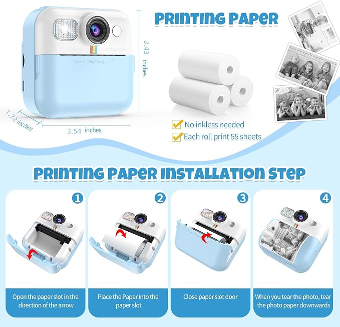 Kid Camera for Boys, Portable Toddler Blue Printing Camera Toy 1080P Video