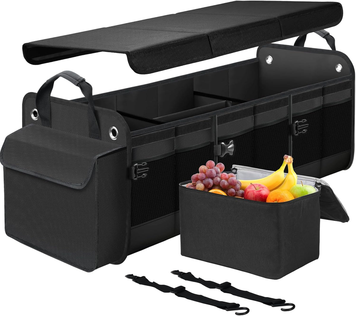 Car Trunk Organizer with Lid & Removable Leakproof Cooler Bag，Foldable Cover,Large Trunk Organizers,Multi-Compartment Collapsible Cargo Storage Organizer for SUV,Van,Truck,Sedan(3 Compartments,Black)