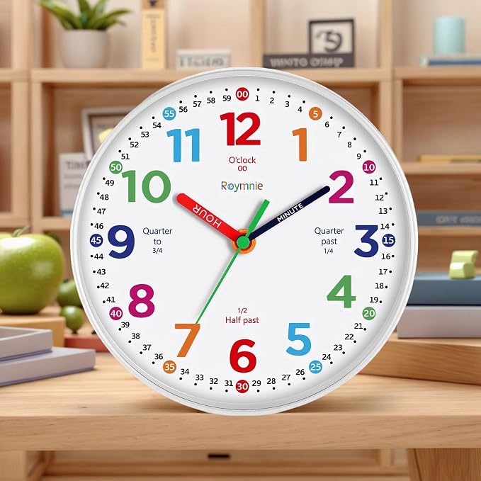 Roymnie Wall Clock 10 Inch for Kids Learning Kids Teaching Clock Analog Silent