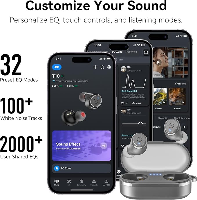 TOZO T10 Wireless Earbuds Powerful Bass Stereo Wireless Charging, APP, IPX8 | Waterproof, 55H Playtime, Ergonomic Design In Ear buds, App Customize EQ, Bluetooth 5.3 Headphones for Work, Travel, Gray