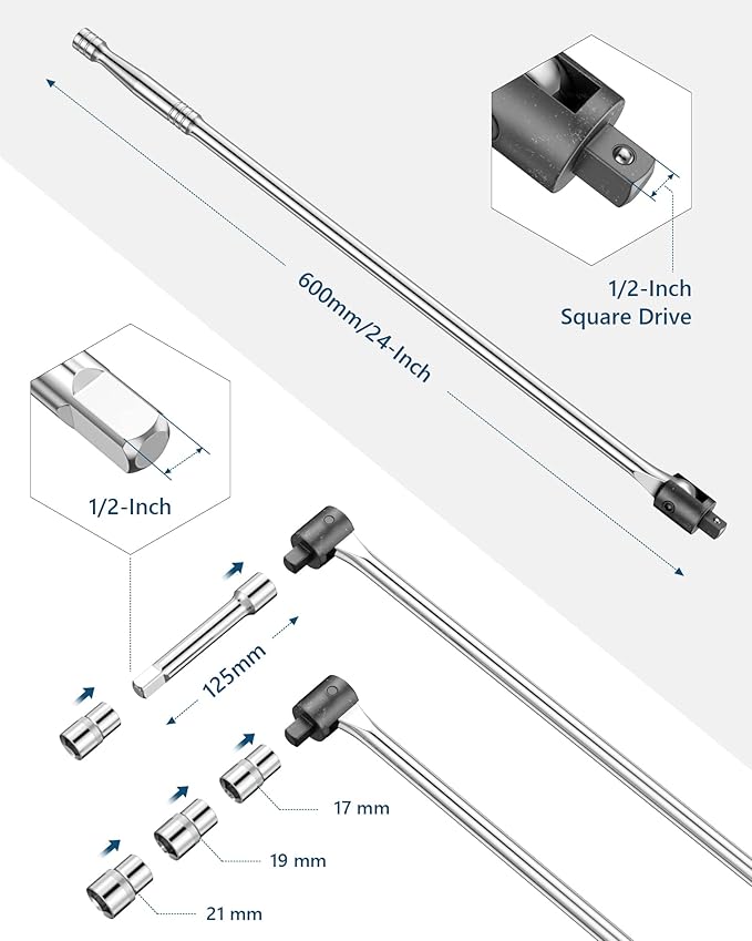MAXPOWER 1/2-Inch Drive 24" Breaker Bar with 125mm Extension Bar, and 3- piece Sockets Including 17 mm, 19 mm, and 21 mm