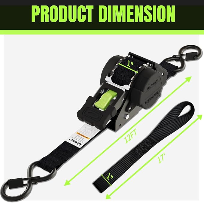 Retractable Ratchet Straps 1 Inch x 12 Feet Heavy Duty Tie Downs Auto Retract Ratchet Strap 1760lb Break Strength Self Retracting for Truck,Cargo,Trailer,Motorcycle,ATV,UTV (Black-Green,2 Pack)