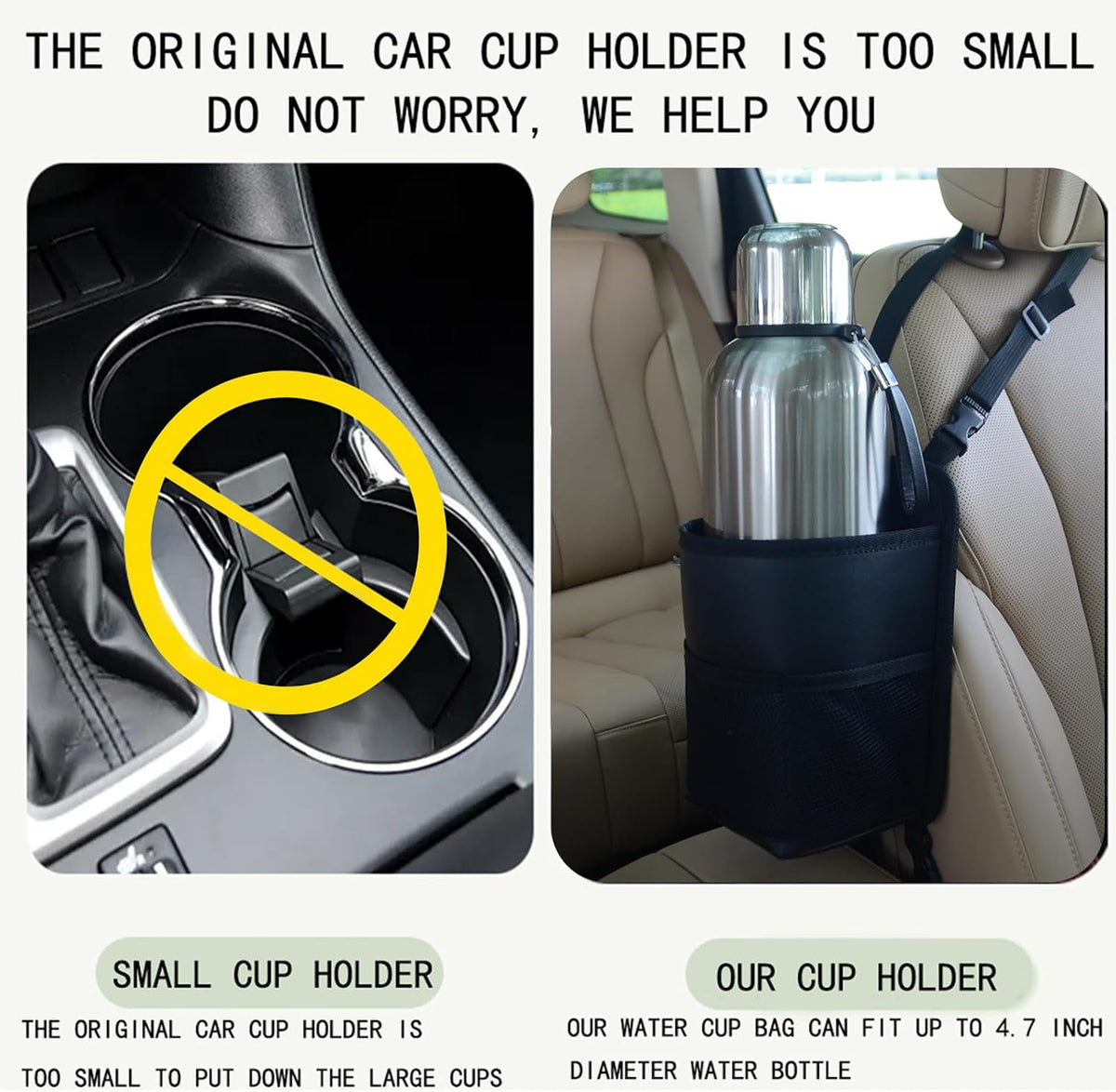 Large Car Cup Holder Expander Water Bottles, Big Drinks Holder Bag(Black)