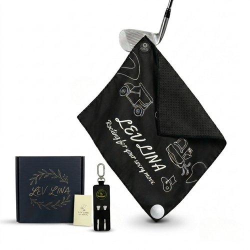 LEV LINA Magnetic Golf Towel for Bag, N52 Strong Magnet, 24" x 16" Dual-Sided Microfiber Waffle & Suede, Ultra Absorbent, with Tee Holder & Gift Box (Black)