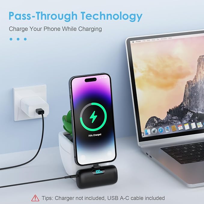 [2 Pack] Small Portable Charger for iPhone,Upgraded 5000mAh PD Fast Charging Power Bank, LCD Display Cute Mini Battery Pack Compatible with iPhone 14/14 Pro Max/13/13 Pro/12 Pro/11/XR/X/8,Black+Purple