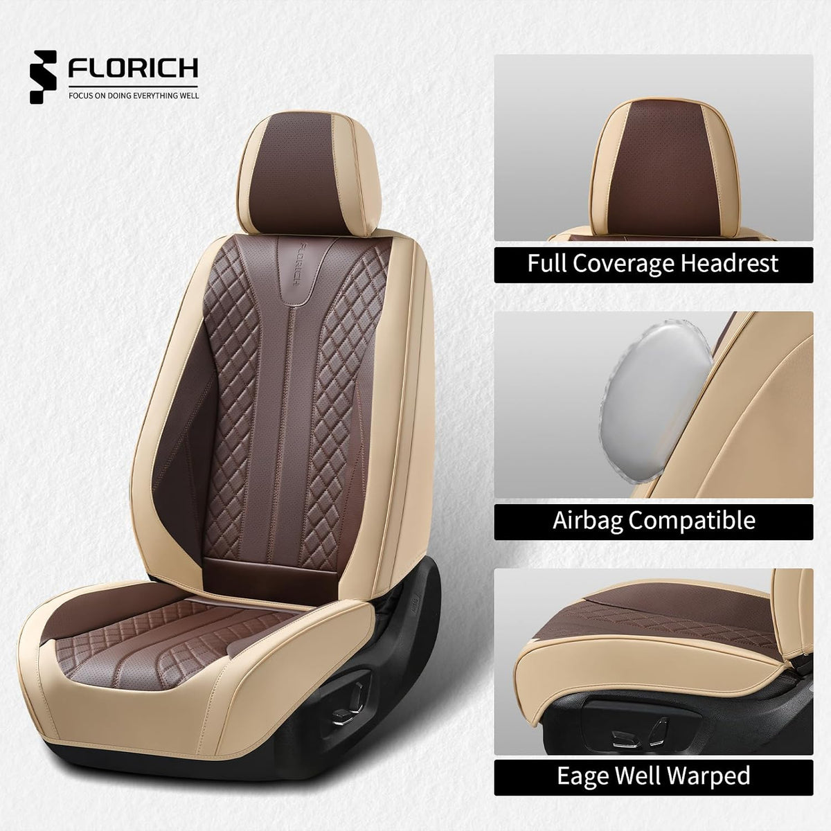 FLORICH Front Seat Covers 2 Pieces Universal Seat Cover for Cars Breathable Leather Waterproof Car Seat Cover Driver Seat Cover Automotive Car Seat Cushion Fit for Most Cars SUV Trucks, Beige&Coffee