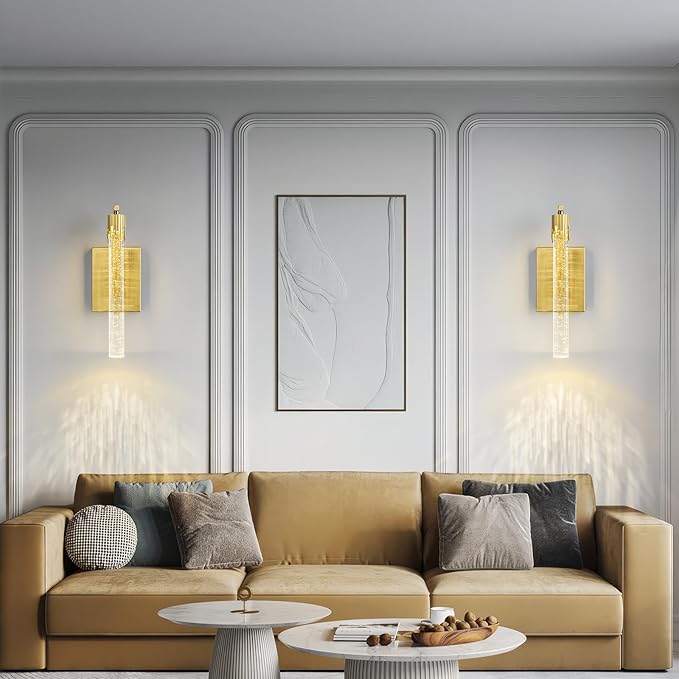 Gold LED Wall Sconce Set of Two with Bubble Crystal Stick Wall Light Modern Bathroom Vanity Light Fixture for Bedroom Bedside Hallway
