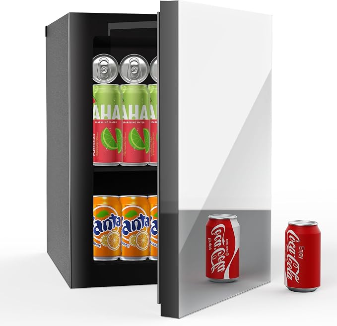 Erivess Compact Freestanding Beverage Refrigerator and Personal Beauty Fridge, 24 Can/ 0.9 Cu.Ft Mini Fridge with Mirror-Front Door for Cosmetics, Skincare, Soda, Beer and Wine