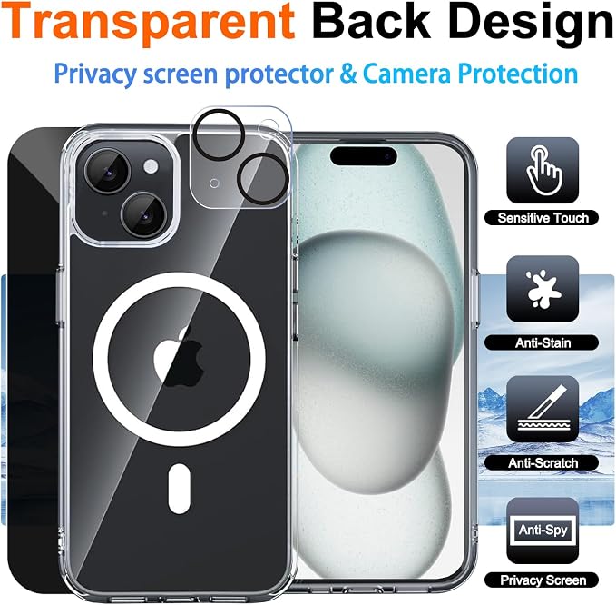 for iPhone 15 Case Clear with Privacy Screen Protector and Full Camera