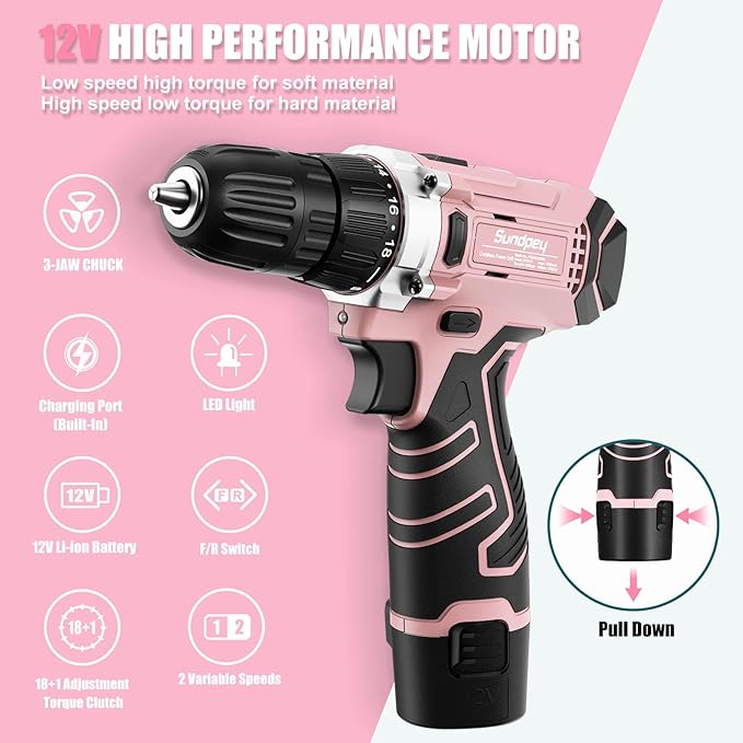 Sundpey Home Tool Kit with Drill - 206PCs Pink Tool Kit with 12V Cordless Power Drill for Household Repair - Portable Basic Pink Tool Box for Women with DIY Hand Tool Set(Screwdrivers & Pliers)