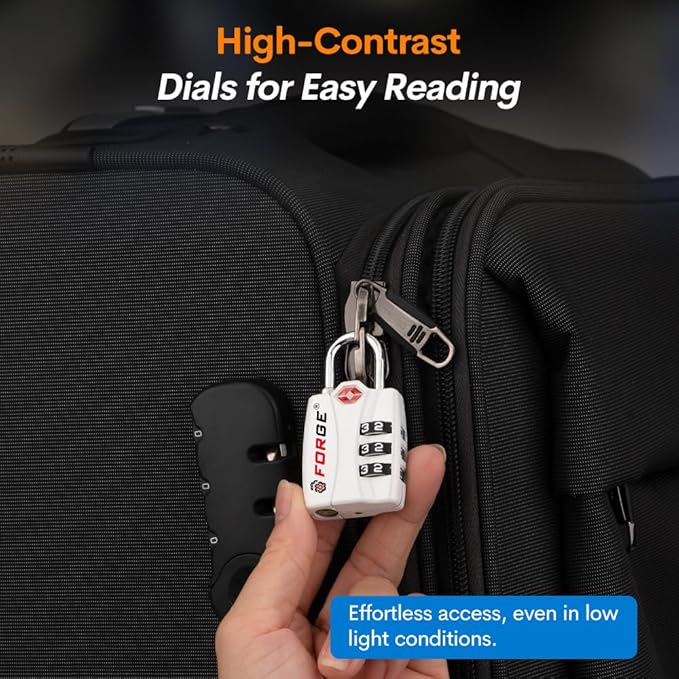 Forge Luggage Locks TSA Approved Locks, Small TSA Locks with Zinc Alloy Body, Open Alert, Easy Read Dials, for Travel Suitcase, Bag, Backpack, Cases, Lockers. White 2 Locks.