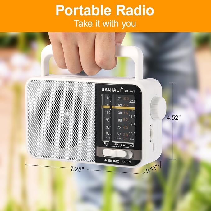 BAIJIALI AM FM SW Portable Radio - Dual Power (Battery/USB) Emergency Receiver with Loudspeaker, Transistor Design for Indoor/Outdoor, Travel & Survival Kit Ready (White, BJL-671)