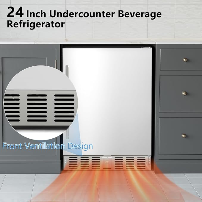Electactic 24.4 Inch Beverage Refrigerator for Patio, Home, Kitchen, Bar | Undercounter Built-in & Freestanding, 180 Can, Stainless Steel, Digital Temperature Control, Door Lock, Front Ventilation