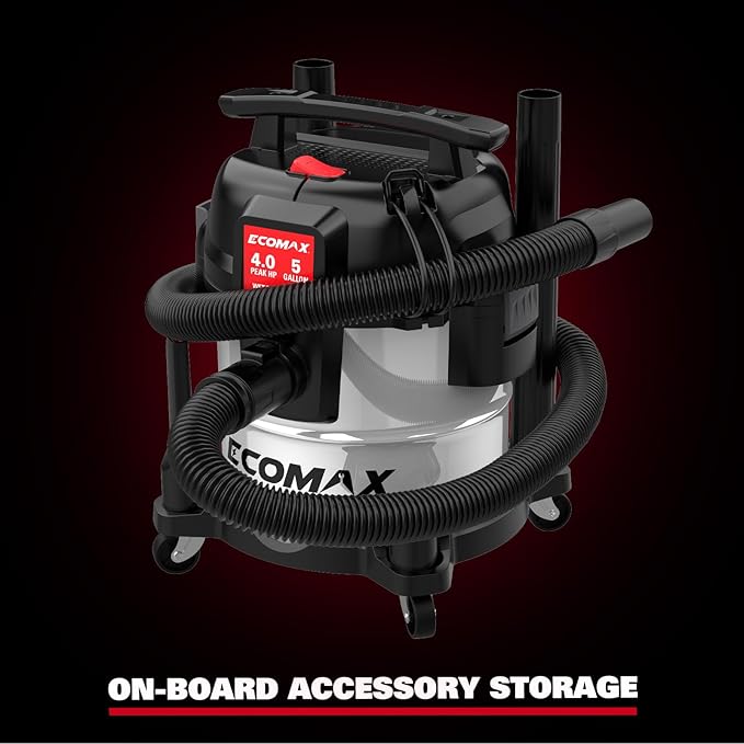 ECOMAX 5 Gallon Ultra Quiet Shop Vacuum Wet and Dry, 4 Peak HP Stainless Steel Shop Vac, Up to 80% Quieter Operation, Durable Long-Life Motor, Portable Vacuum for Garage, Workshop & Jobsite