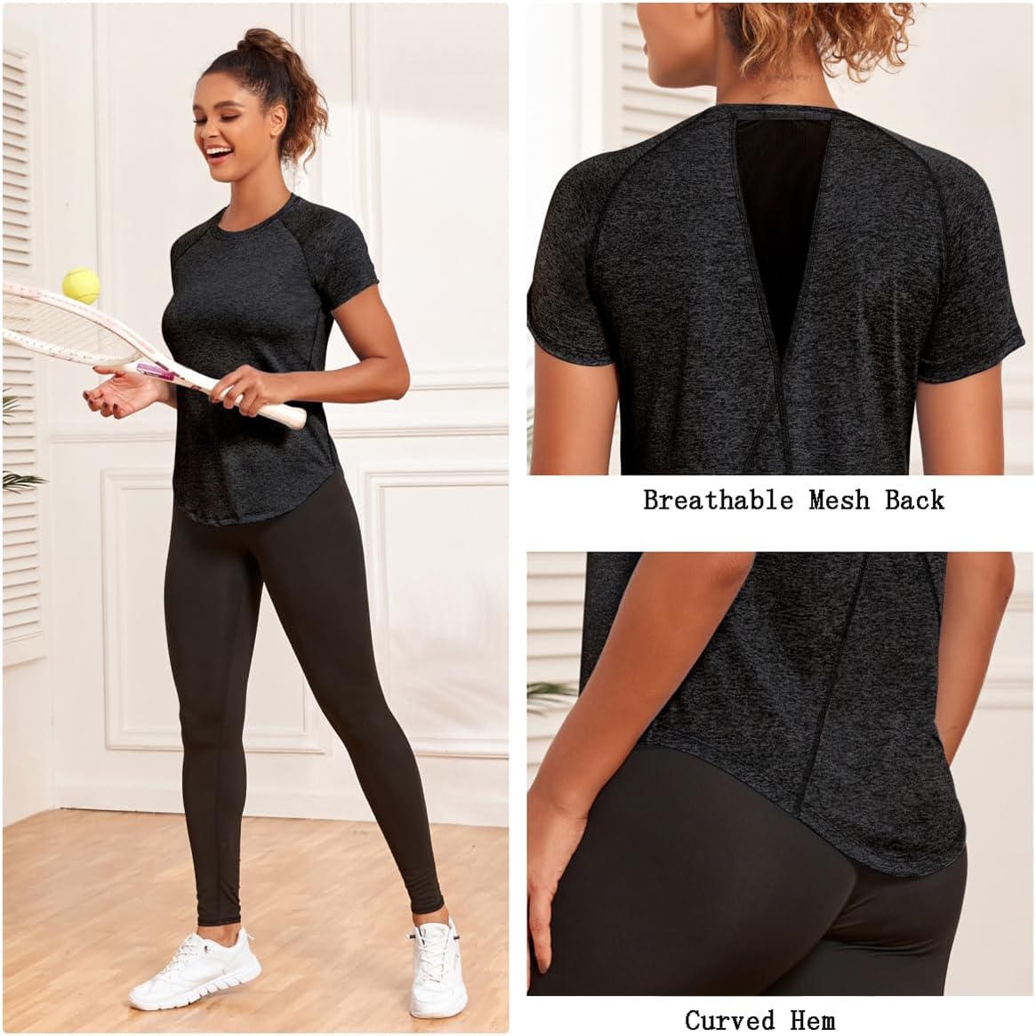 Skiennix Women's Long Workout Top - Short Sleeve Dry-Fit Mesh Open Back Athletic Tee | Loose Fit