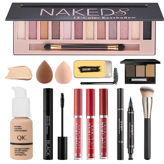 All In One Makeup Kit For Women Full Kit, Includes 12 Colors Naked Eyeshadow,Liquid Foundation, Lipstick Set, Mascara, Makeup Br