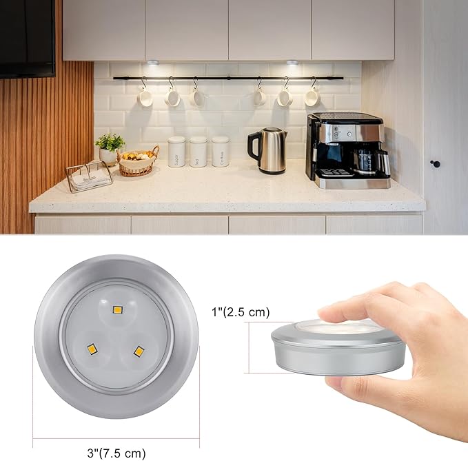 Wireless LED Puck Lights, Touch Activated Tap Ligh Push Light, Battery Operated Stick On Lights for Under Cabinet, Kitchen, Closet & Counters, 3-Pack, Silver (Included 3AAA Batteries)