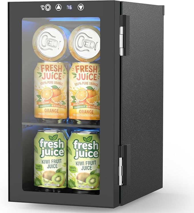 Electactic 10L Mini Beverage Refrigerator, 12-Can Capacity, 40-61°F | Compact 10L beverage fridge holds up to 12 cans, with a 40-61°F range, digital display, LED light, and glass door.