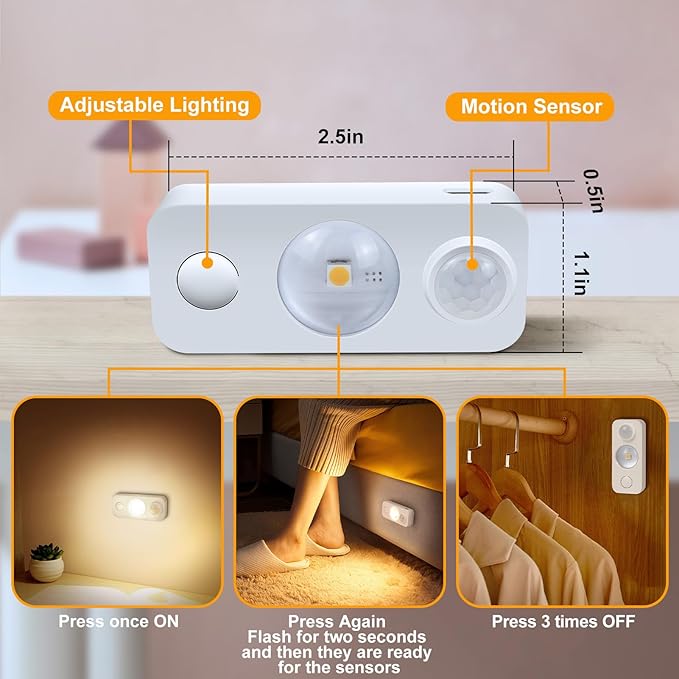 LED Motion Sensor Puck Lights, Rechargeable Cabinet Lights, Stick on Wireless LED Night Light for Closet, Drawer, Shelf, Under Cabinet, Warm White 8Pack, USB Charging Cord Included