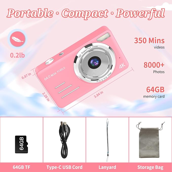 Digital Camera, FHD 4K 64MP Point and Shoot Kids Digital Camera