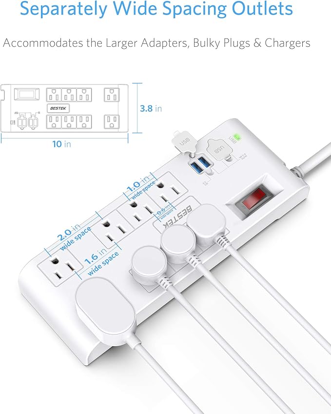 Quick Charge 3.0 Power Strip Surge Protector USB, BESTEK Multi Outlets Plug 8-Outlet 4 USB Charging Ports, 6-Foot Long Flat Angle Plug Heavy Duty Extension Cords, 900 Joule, FCC ETL Listed