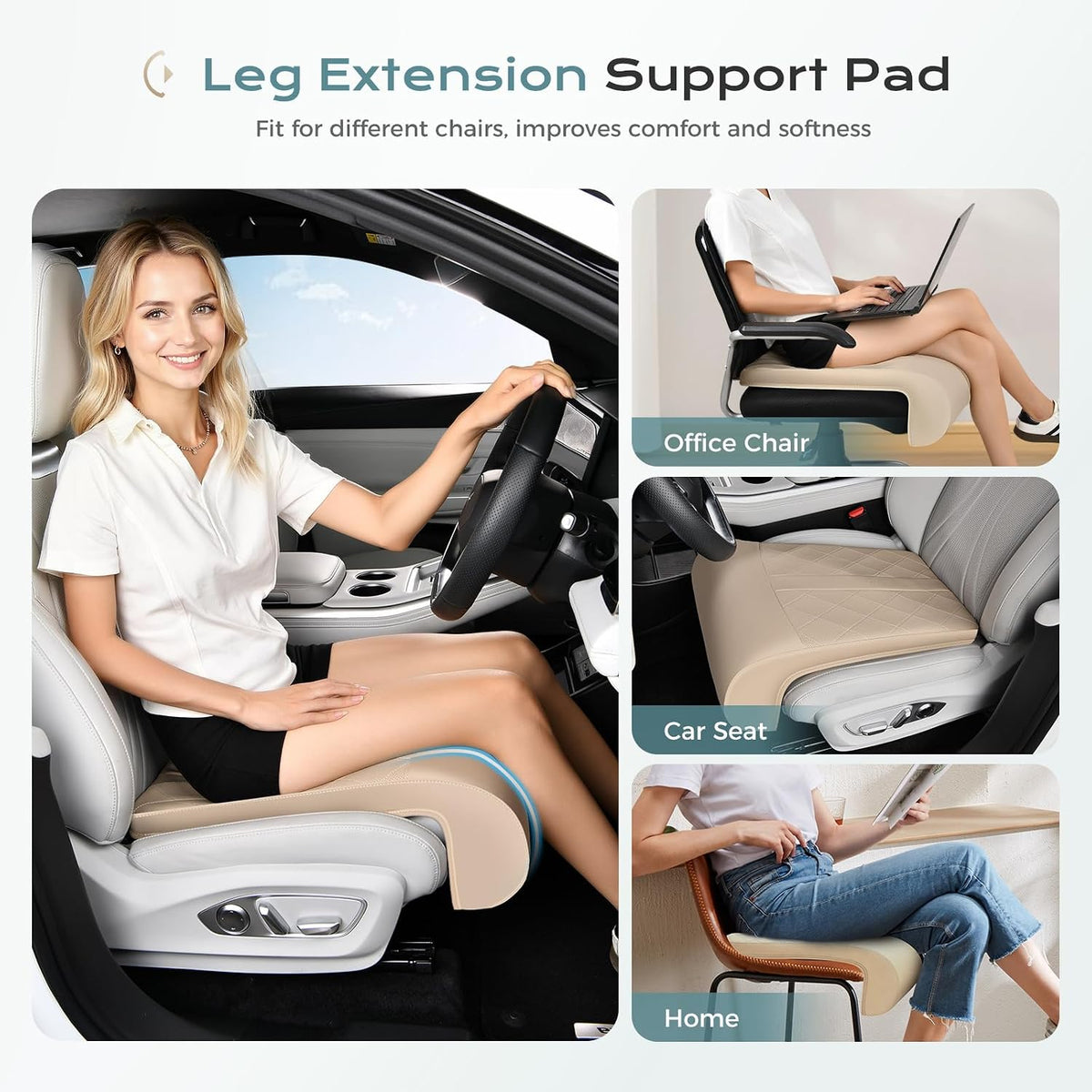Coverado Car Seat Extender Leg Support, Leather Leg Support Cushion for Driving, Leg Extender Pad, Waterproof Car Seat Cushion Universal Fit for Most Cars, Beige