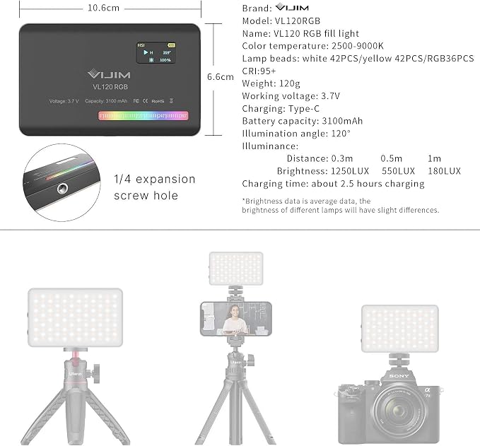 VIJIM VL120 RGB Video Light, Portable LED Camera Light Panel 0-360 Full Color