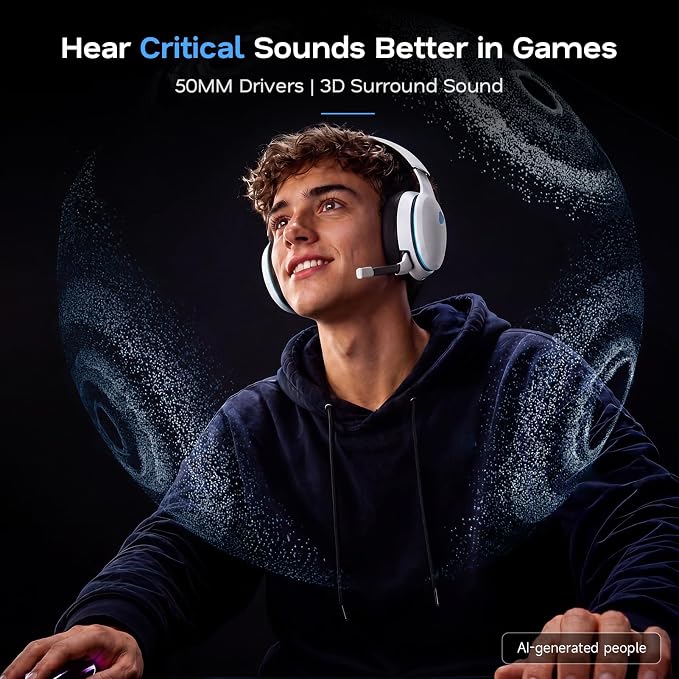 AOC 2.4GHz Wireless Gaming Headset for PS5, PS4, PC, Switch, 45Hr, White | Bluetooth 6.0 Gaming Headphones with Noise Canceling Mic, 7.1 Virtual Surround, Great for Fortnite & Call of Duty/FPS Gamers