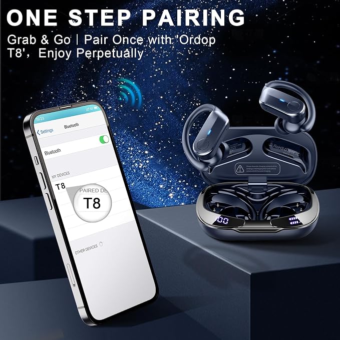 Ordtop Sport Wireless Earbuds with Earhooks, 70H, IPX8 Waterproof, Blue | Bluetooth 5.4, 4 ENC Microphones, Deep Bass Sound, LED Display, USB-C Fast Charging, Secure Fit For Running, Gym And Workouts