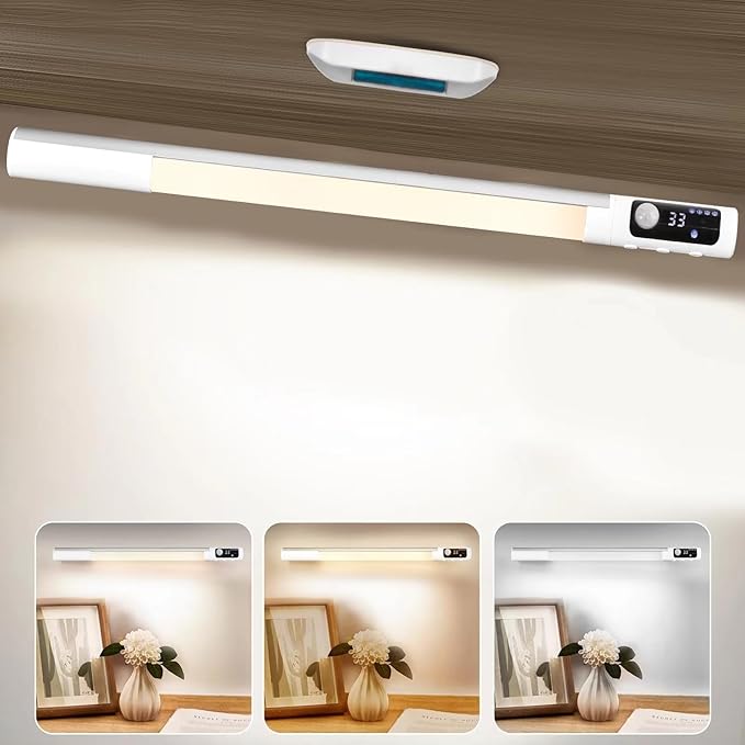 RAHAN Battery Powered Operated Wall Strip Lights, Rechargeable Magnetic LED Light Bar with 3 Color Modes, Dimmable Under Desk Light for Reading, Under Shelf, Wall, Workshop, Cabinet, Closet, Kitchen