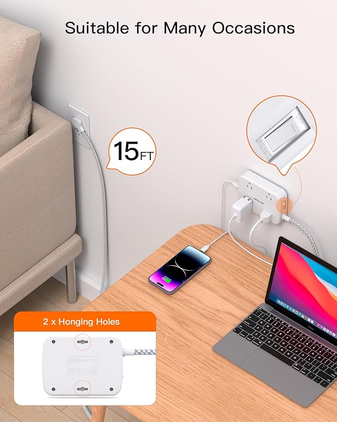 Extension Cord 15 ft, BESHON Long Power Strip with 2 USB C, Flat Plug Power Strip, 4 Outlets and 4 USB Charging Ports, Outlet Extender, 900 Joules, for Home Office Dorm Room Essentials