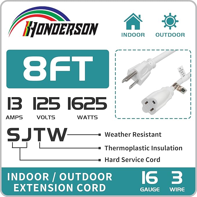 Indoor Outdoor Extension Cord Weatherproof, UL Certified, 16 Gauge 8FT White 3 Prong Heavy Duty, 16/3 SJTW 13A Power Cord for Outdoor Lights, Appliances, Lawn