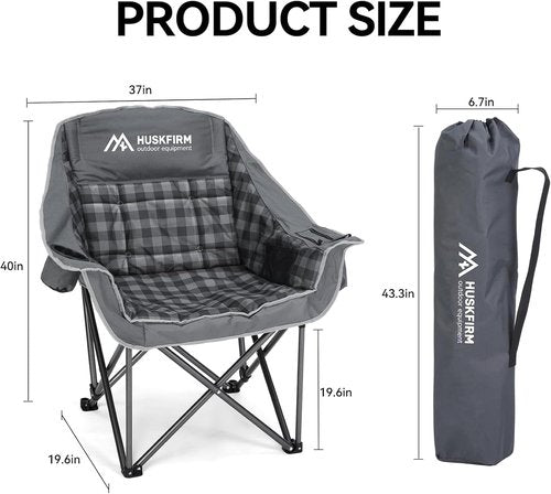 Huskfirm Oversized Camping Chairs - Heavy-Duty Padded Design with Cup Holder & Cooler Bag | Supports 450LBS, Grey