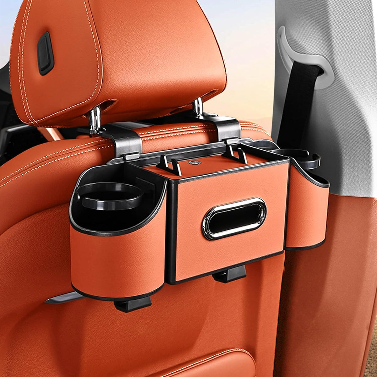 Back Seat Car Organizer,4 in 1 Multifunctional Car Back Seat Storage Box with Drink Cup Holder Tissue Box, for Hold Phone,Snacks, Drinks, Handbag-Red