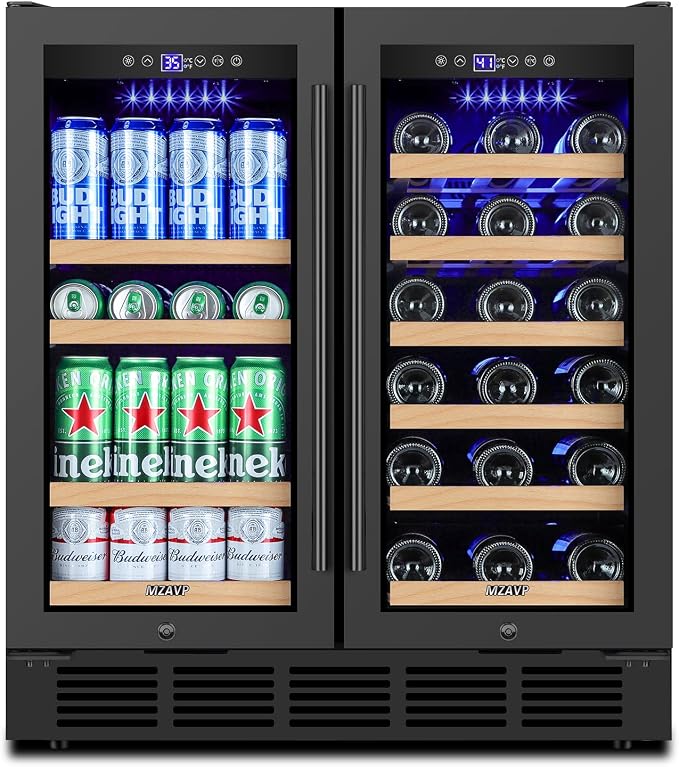 30 Inch Wine and Beverage Refrigerator, Dual Zone 30" Wine Fridge Under Counter/Freestanding, 30 Inch Wide Beverage Cooler with Glass Door, Holds 30 Bottles & 110 Cans for Home Bar Office, Black