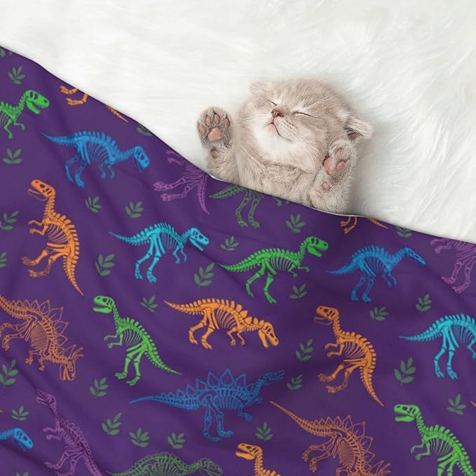 Reversible Plush Dot Pet Blanket for Dogs and Cats, Cool Dinosaur Purple, Ultra Soft Two Sided Design with Warm Fuzzy Side and Smooth Side for Comfort