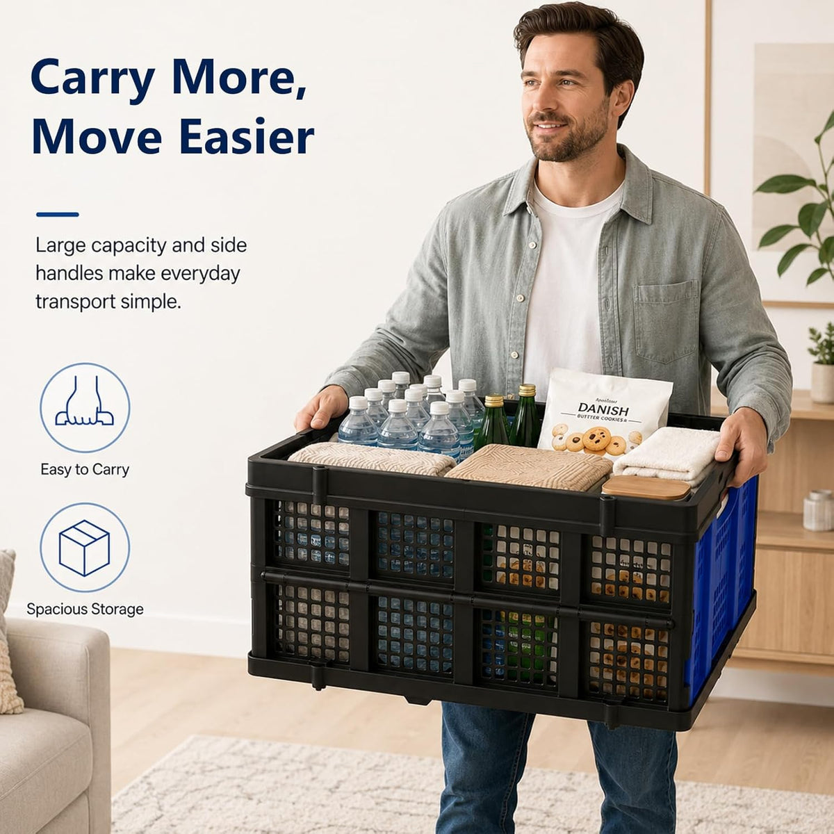 Collapsible Storage Crates 2 Pack, Heavy Duty Foldable Plastic Storage Bins, Stackable Garage & Trunk Organizers for Car, Home, Grocery & Moving Storage, 49L, Blue