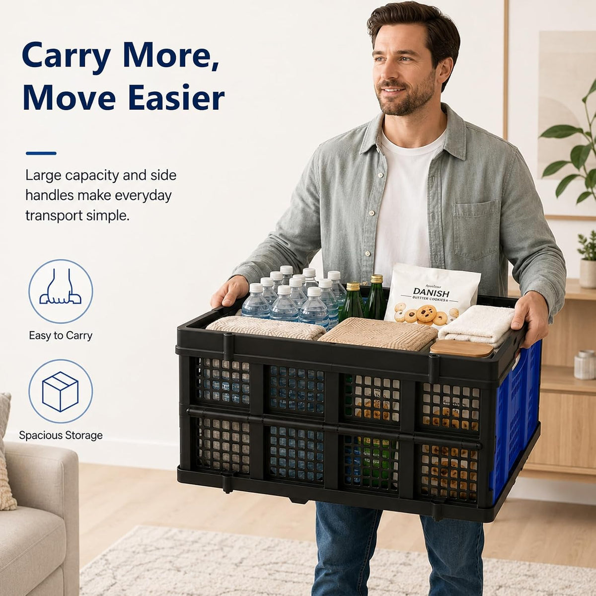 49L Collapsible Storage Crate, Stackable, Blue, 1 Pack