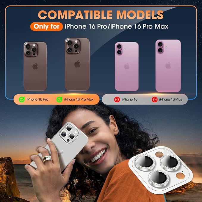 for iPhone 16 Pro/16 Pro Max Camera Lens Protector Bling Individual Metal