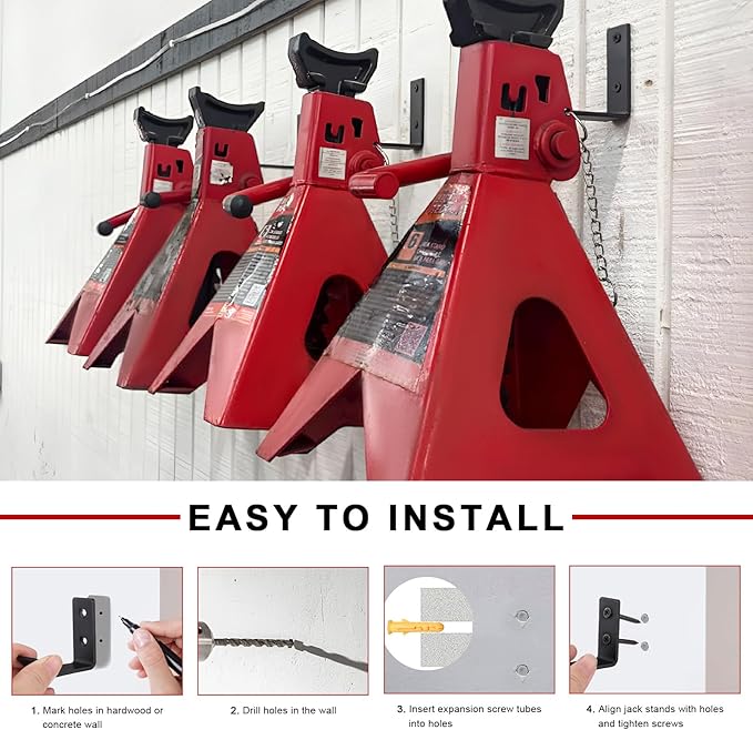 4 PCS Jack Stands Wall Mount Organizer, Heavy Duty Metal Jack Stand Wall Storage Rack with Anchors Screws, Space-Saving Garage Hooks for 2 & 3 & 4 & 5 & 6 Ton Jacks
