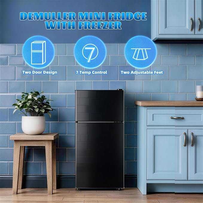 Mini Fridge with Separate Freezer Compartment Double Door Small Refrigerator with 7 Adjustable Temp Control Ideal for One Person Use & Dorm Apartment Office Black