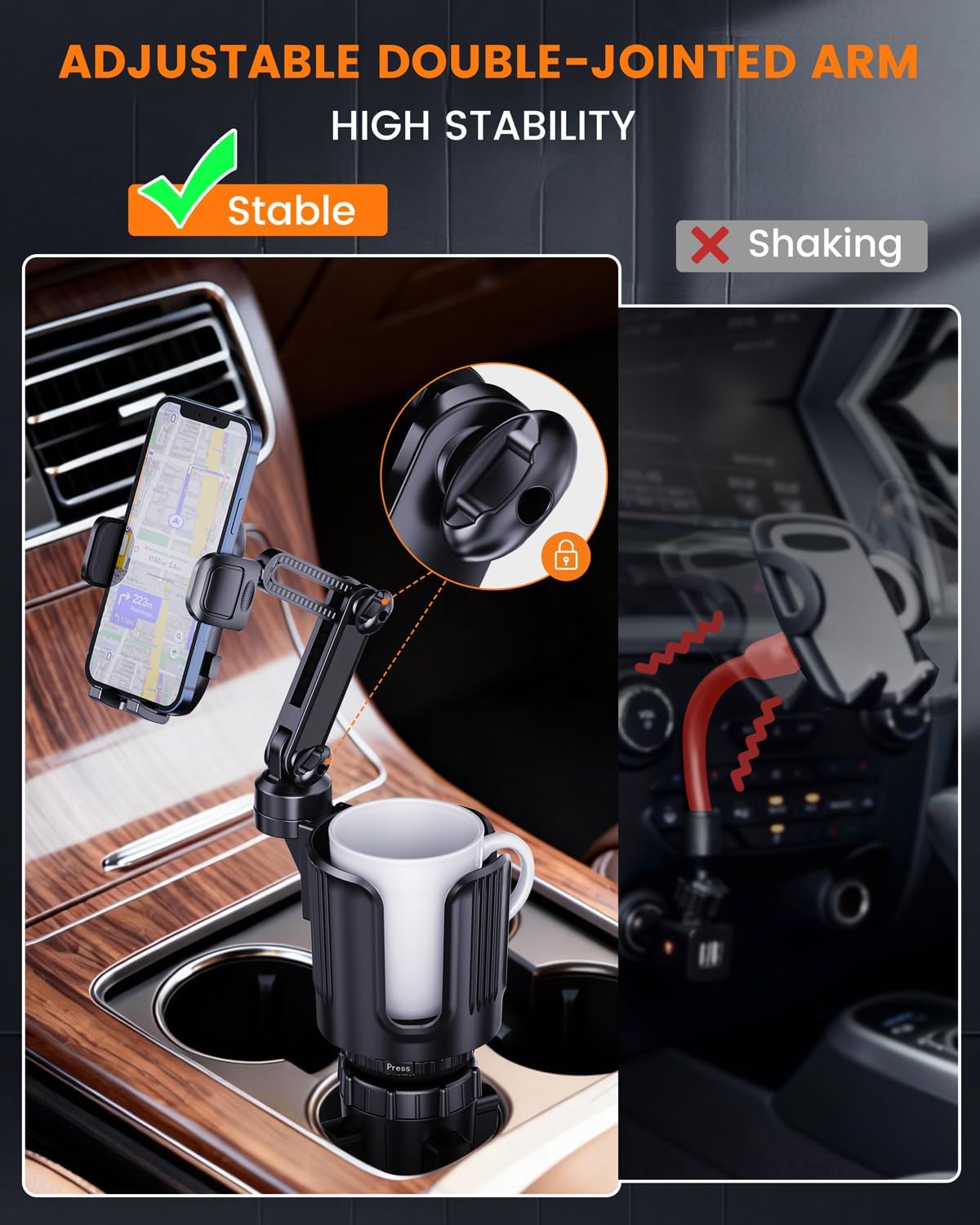 Cup Phone Holder for Car with Expandable Base, Upgraded 2 in 1 Hands Free Cellphone Holder Cupholder Car Mount, Stable Retractable Long Arm Universal Fit iphone and Large Bottle, for Truck SUV