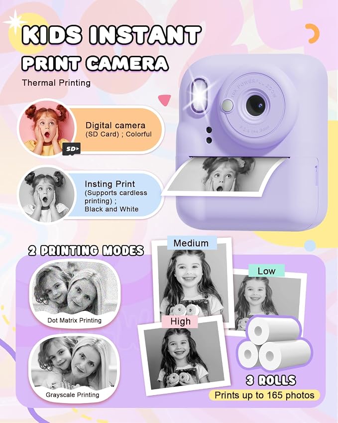 Kids Camera Instant Print, Upgrade Dual-Lens Selfie Digital Camera