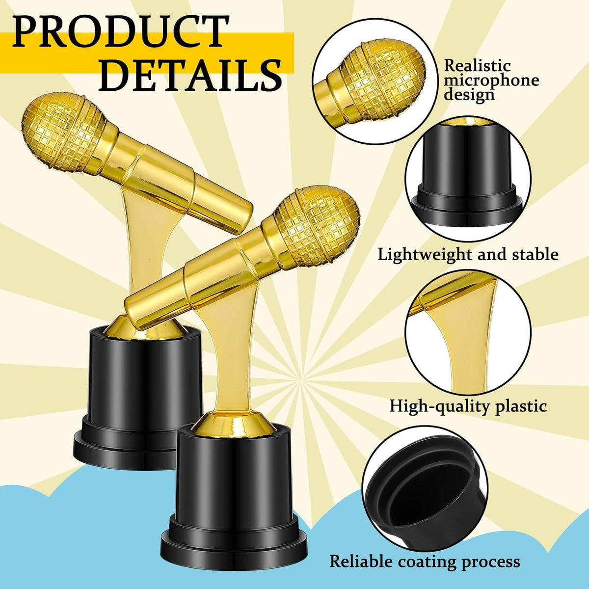 Tondiamo Gold Microphone Trophy - Music Awards Decoration | 2.76 x 5.12 Inches Party Favor