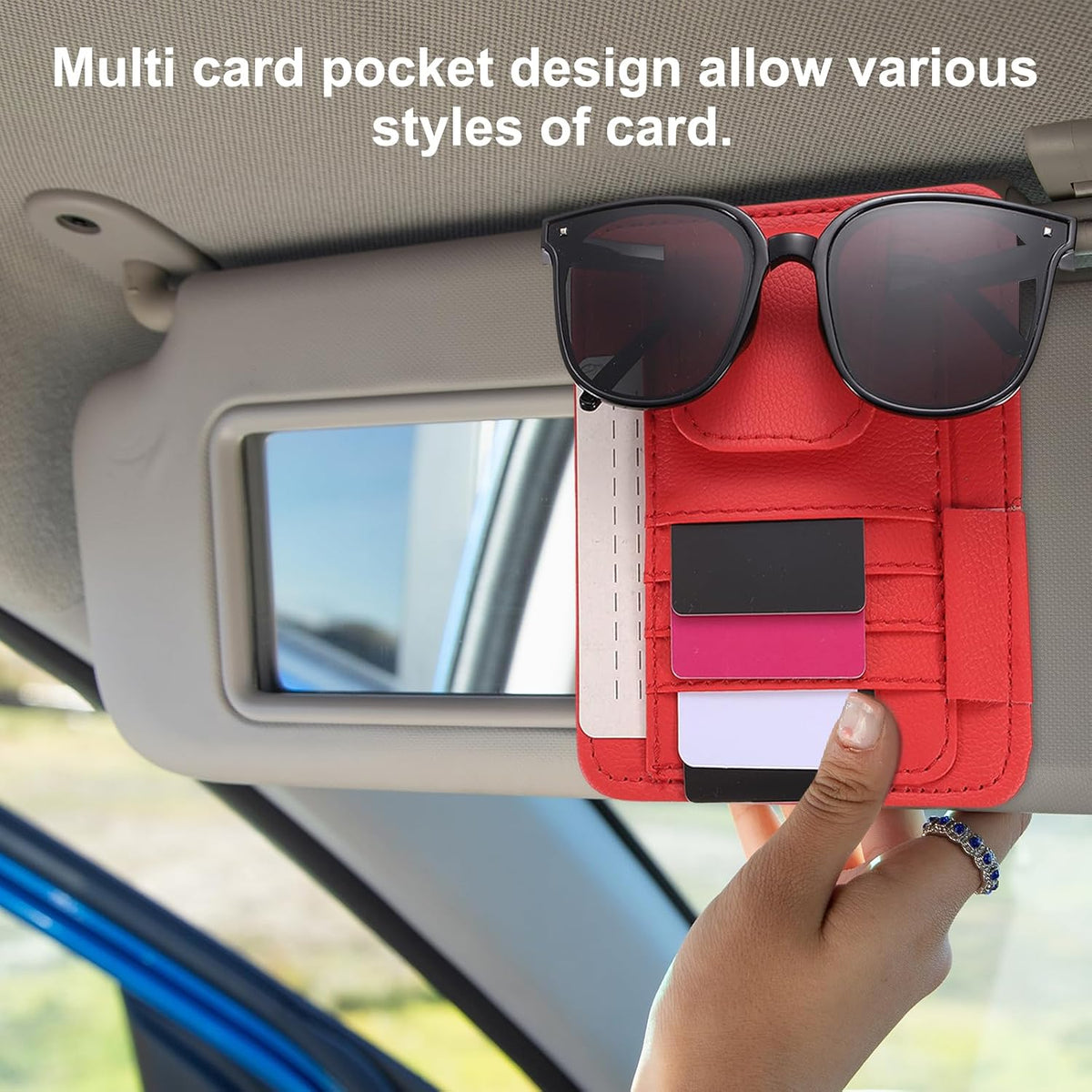 HARFINGTON 2Pcs Car Sun Visor Organizer 6.02" x 4.76" Leather Multi-Pocket Visor Card Sleeve Pocket Car Truck SUV Interior Storage Pouch for Driving License Credit Card Bill Sunglasses, Beige