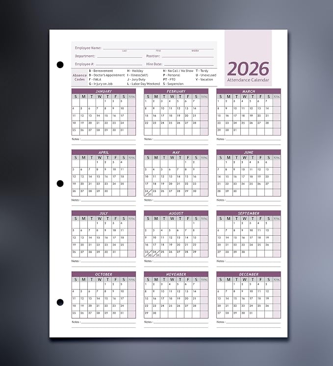 Attendance Calendar Employee Card Attendance Record Tracker 2026, Heavy 100lb